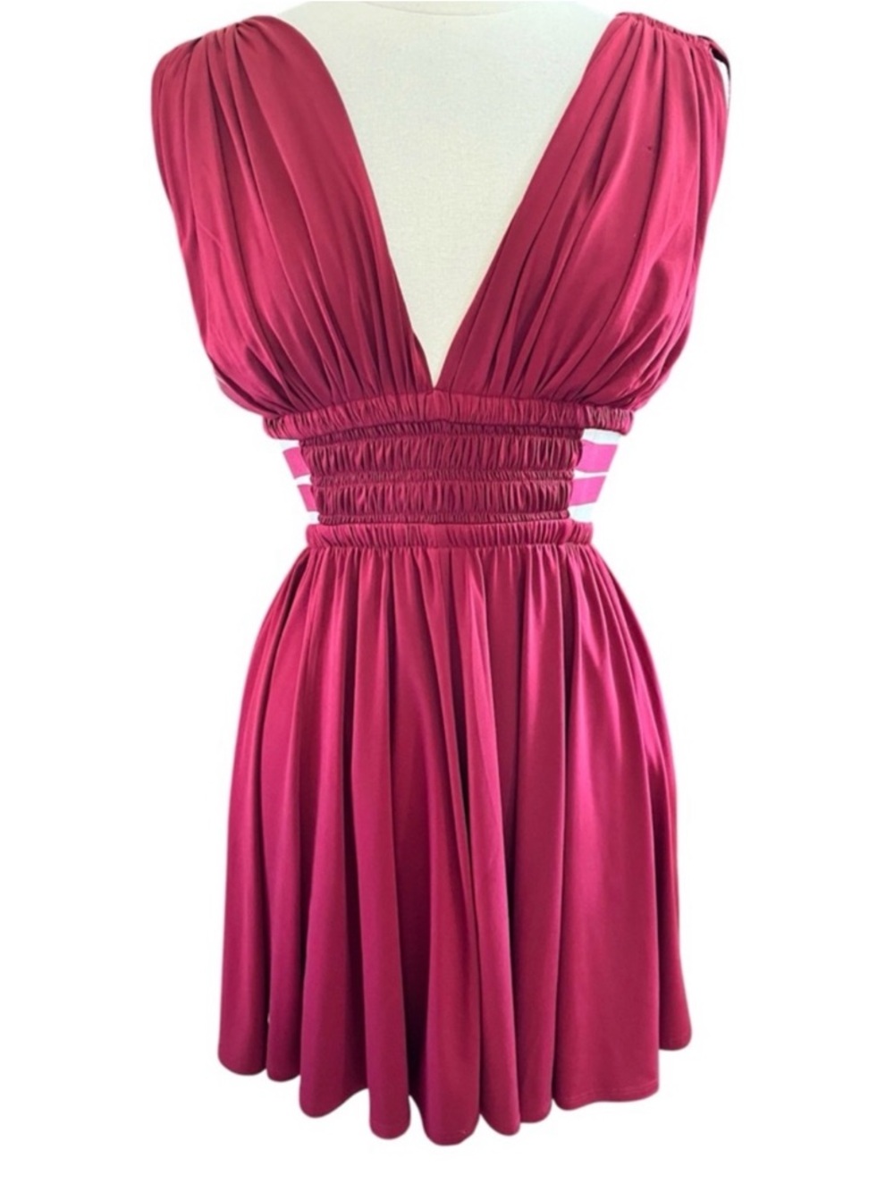 Express Burgundy Greek Goddess Style Mini Dress elastic ribbon Waistband Size S - Picture 11 of 11
